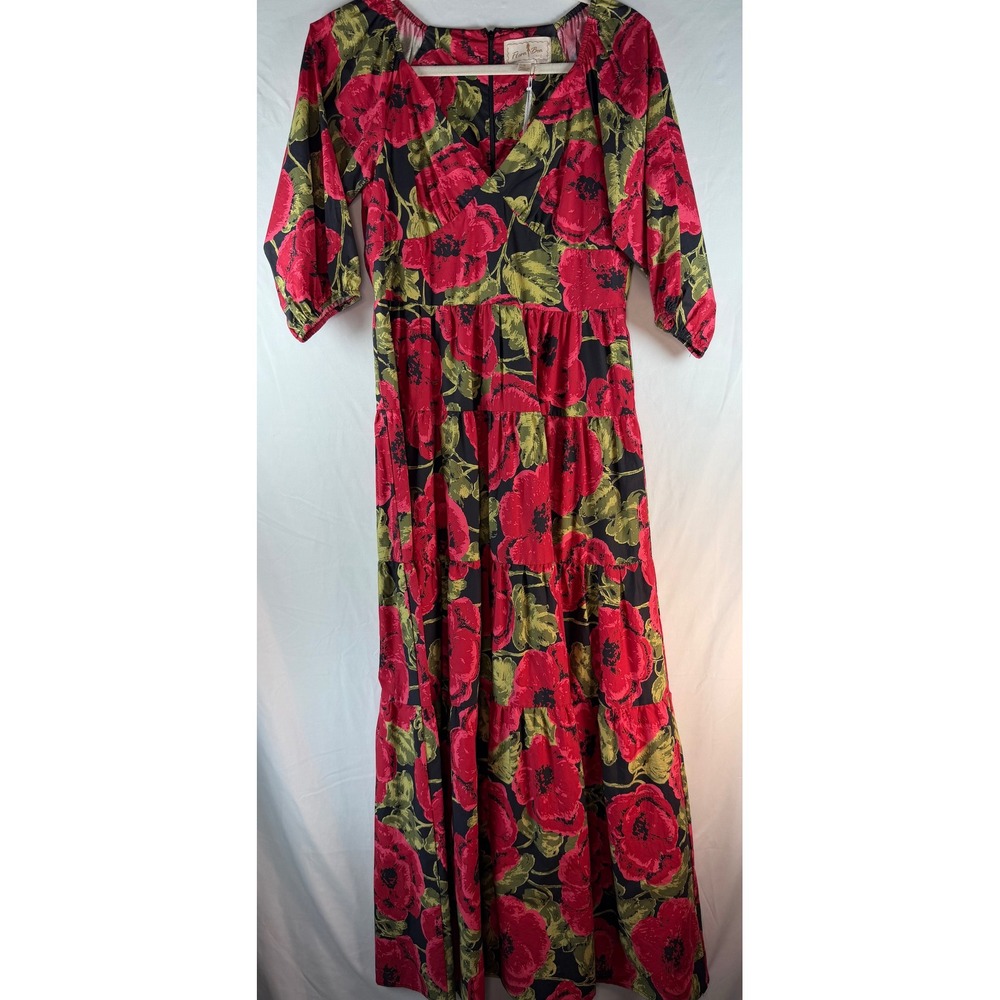 Flora Bea NYC Black Rose Soiree Maxi Dress Red Floral Cotton Tiered Sz S